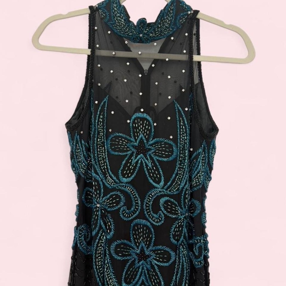 Vintage Ath Day Pinky Creations Black & Teal Beaded Maxi Dress Size 4‎